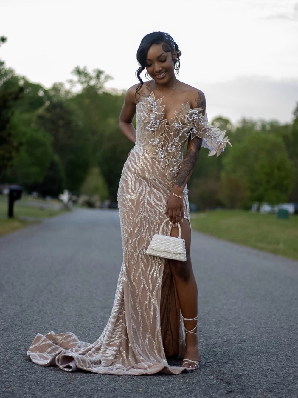 Nude Beaded One-Shoulder Prom Dress with Floral Appliqué